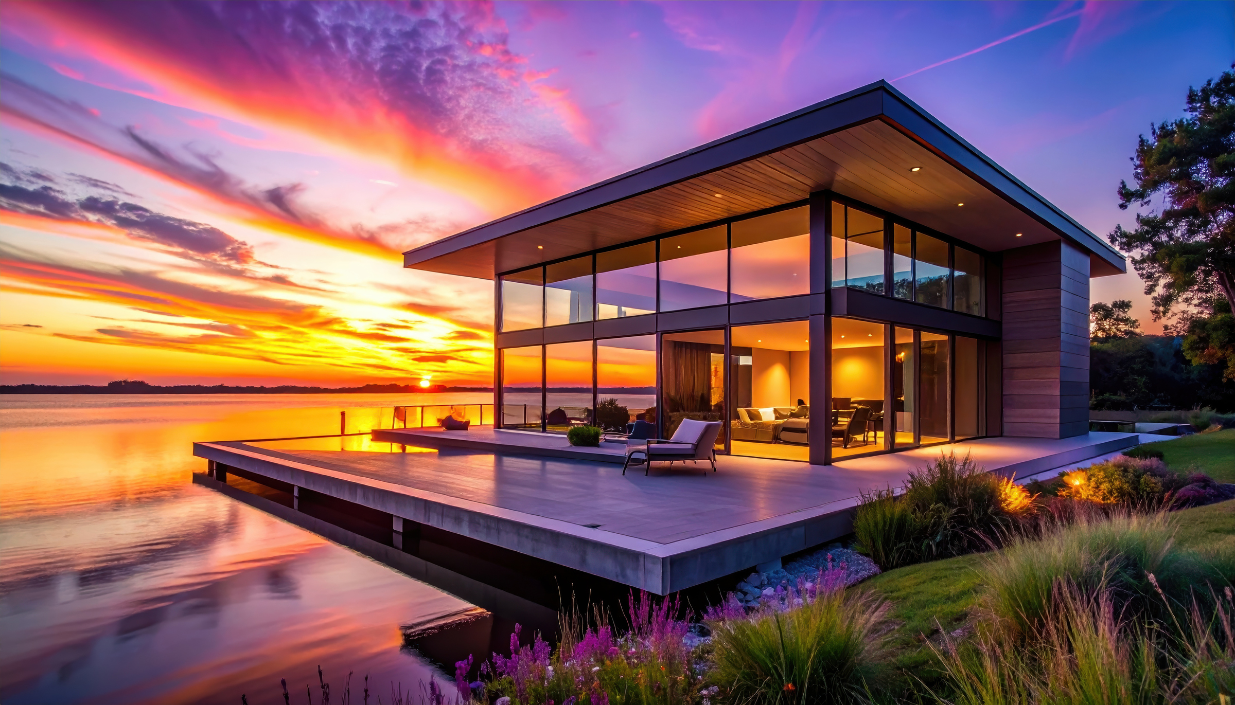 Modern house with large glass windows and wooden deck by lake during vibrant sunset, surrounded by lush greenery and colorful flowers, creating peaceful and warm atmosphere
